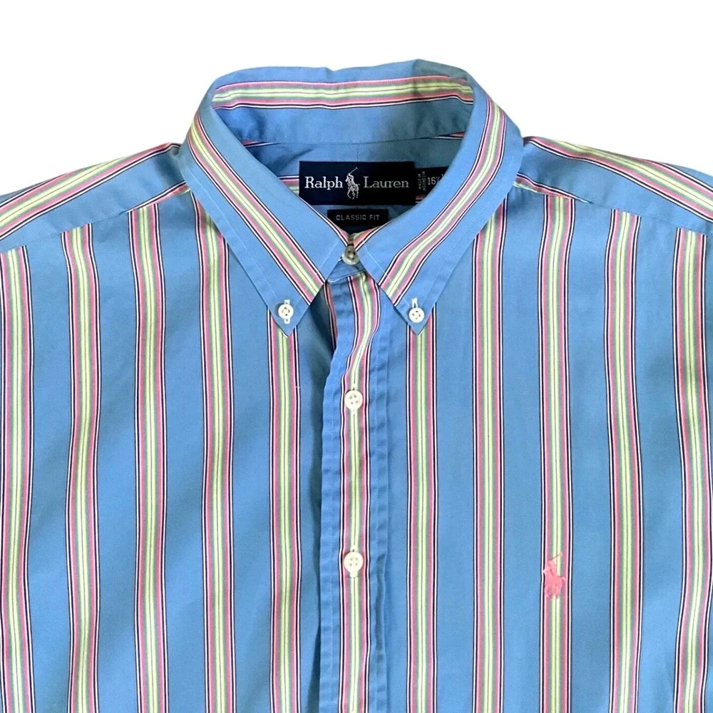 Ralph Lauren Classic Fit Blue Multicolor Stripe Button Down Shirt Mens 16.5 L